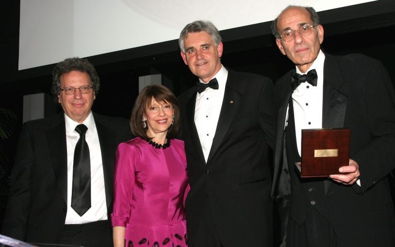 The Double Helix Medals for Scientific Achievement were presented to Dr. Michael Wigler (far left), and Dr. Richard Axel (far right), at Cold Spring Harbor Laboratory’s 2007 Double Helix Medals Dinner, November 8, 2007. Pictured with the honorees is Evelyn Lauder, who presented the awards, and Dr. Bruce Stillman, CSHL President
