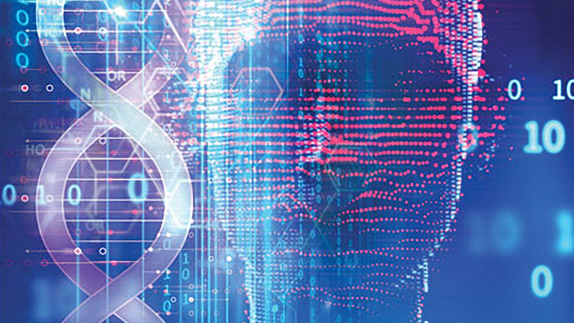 image of DNA molecules on an abstract technology-based background