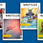 image of four Nautilus magazine covers on a blue background