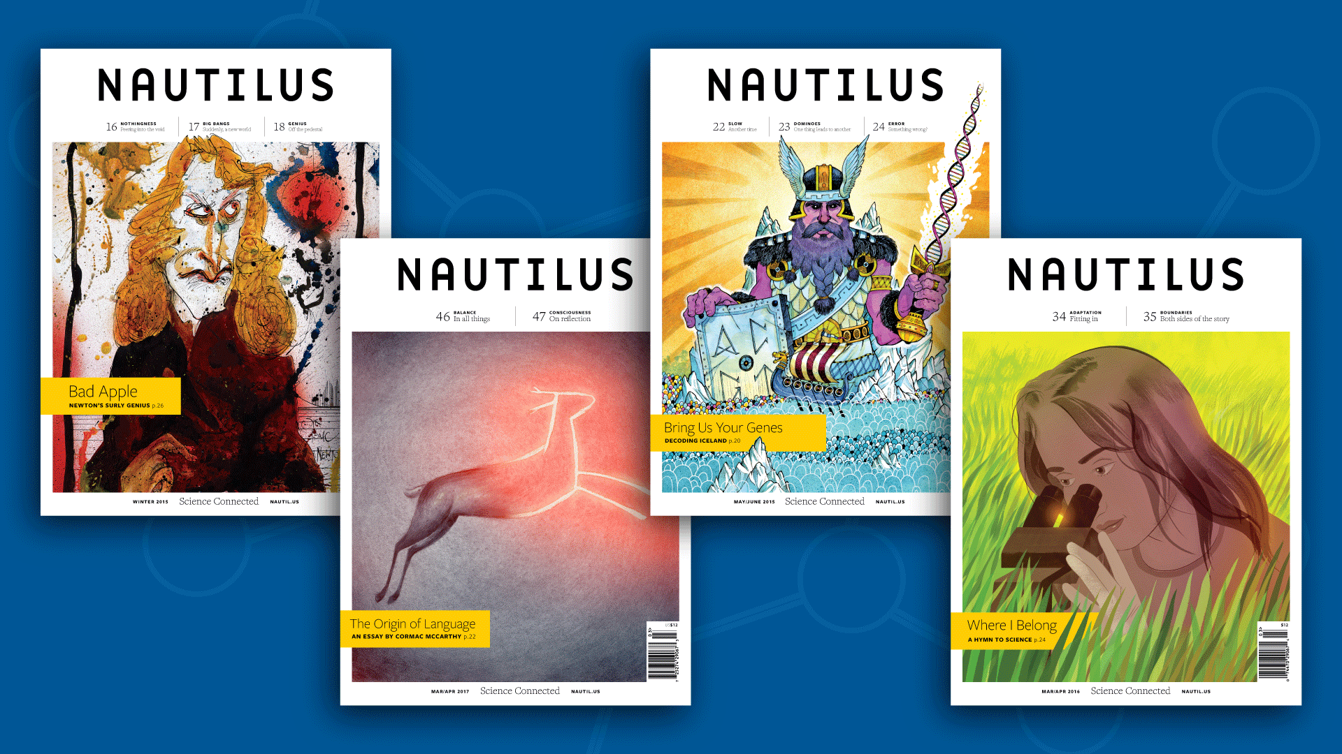 image of four Nautilus magazine covers on a blue background