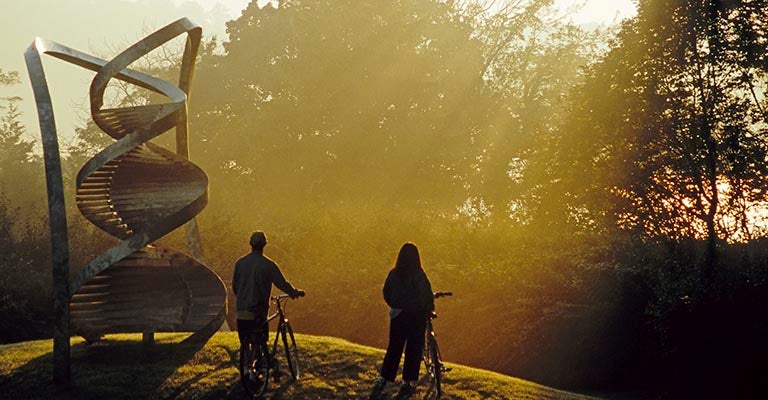 photo of Sunrise at CSHL double helix statue