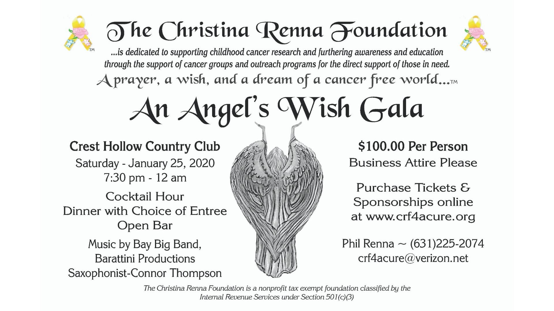 Angel's Wish Gala flyer with event details and an illustration of an angel.