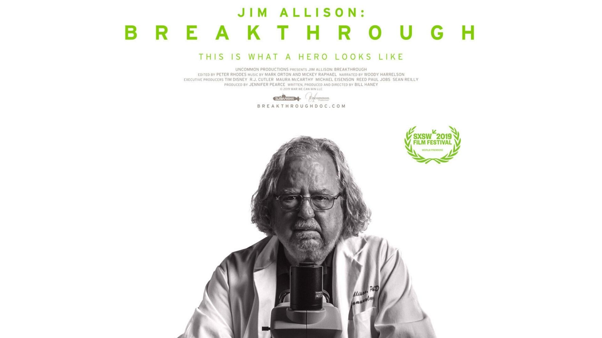 image of Jim Allison: Breakthrough movie poster, with film information and photo of Dr. Jim Allison