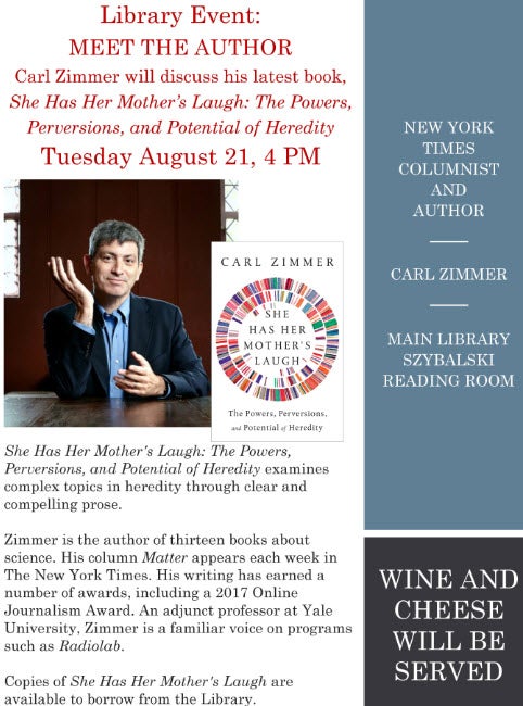 graphic of Carl Zimmer - Meet the author 2018 flyer