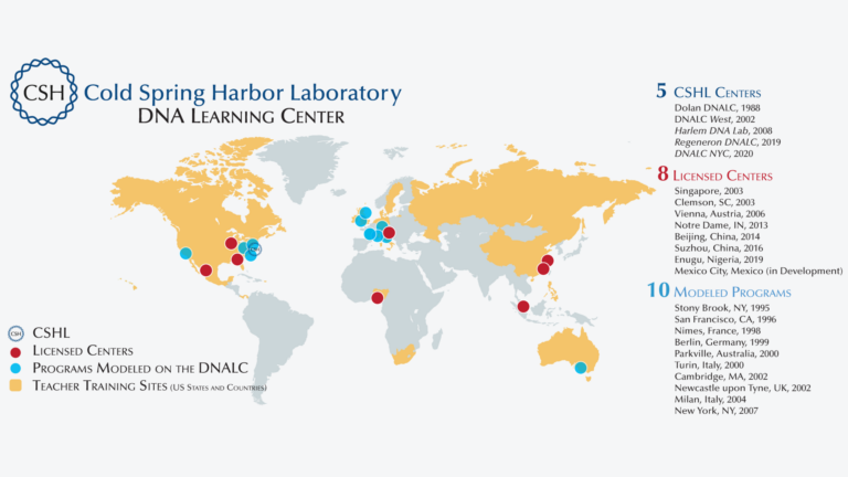 image of world map with DNA Learning Center locations indicated by dots