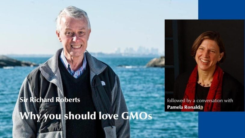 still image from GMOs lecture featuring Sir Richard Roberts and Pamela Ronald