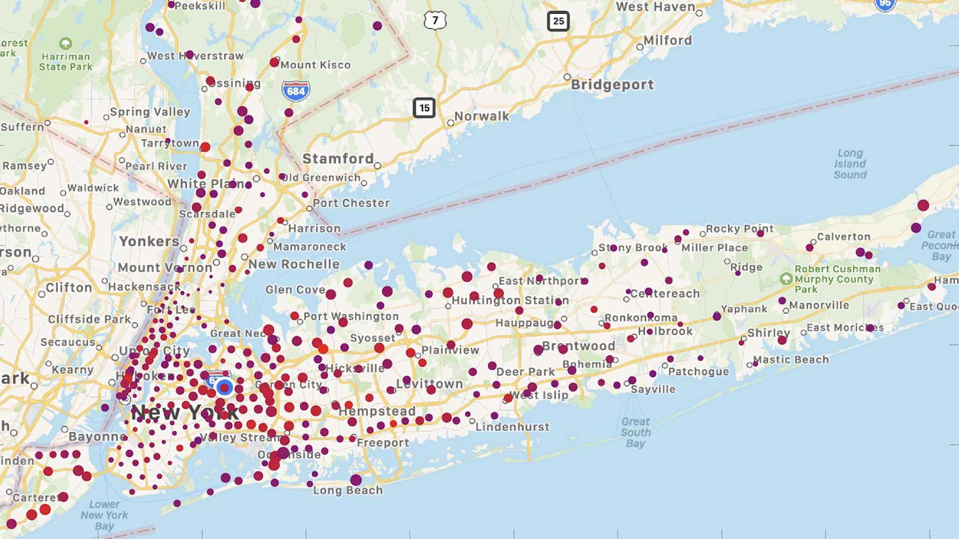image of New York metro area and Long Island showing rate of COVID positive people