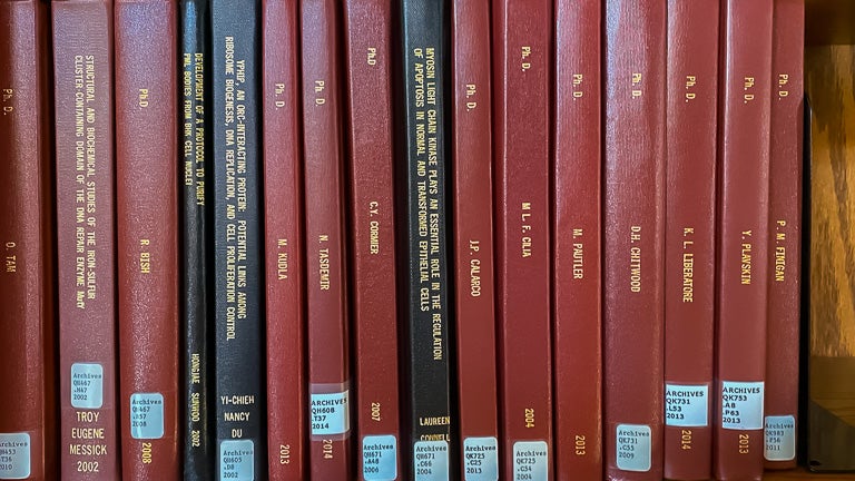 photo of phd thesis bindings on shelf