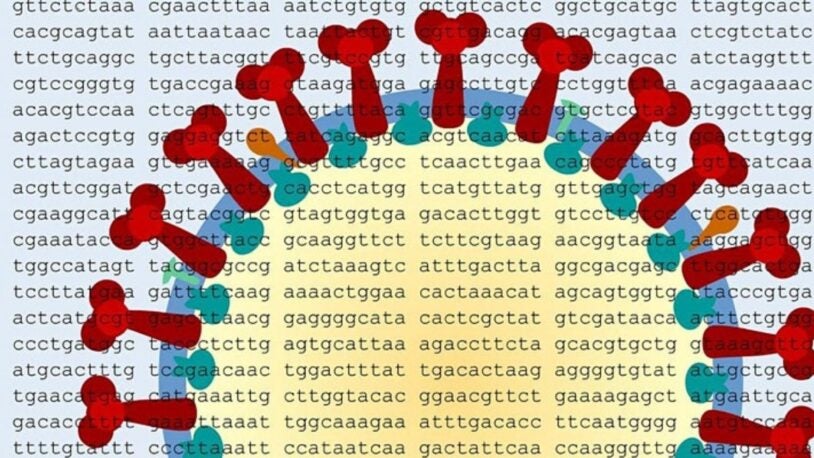 graphic of coronavirus over genetic code