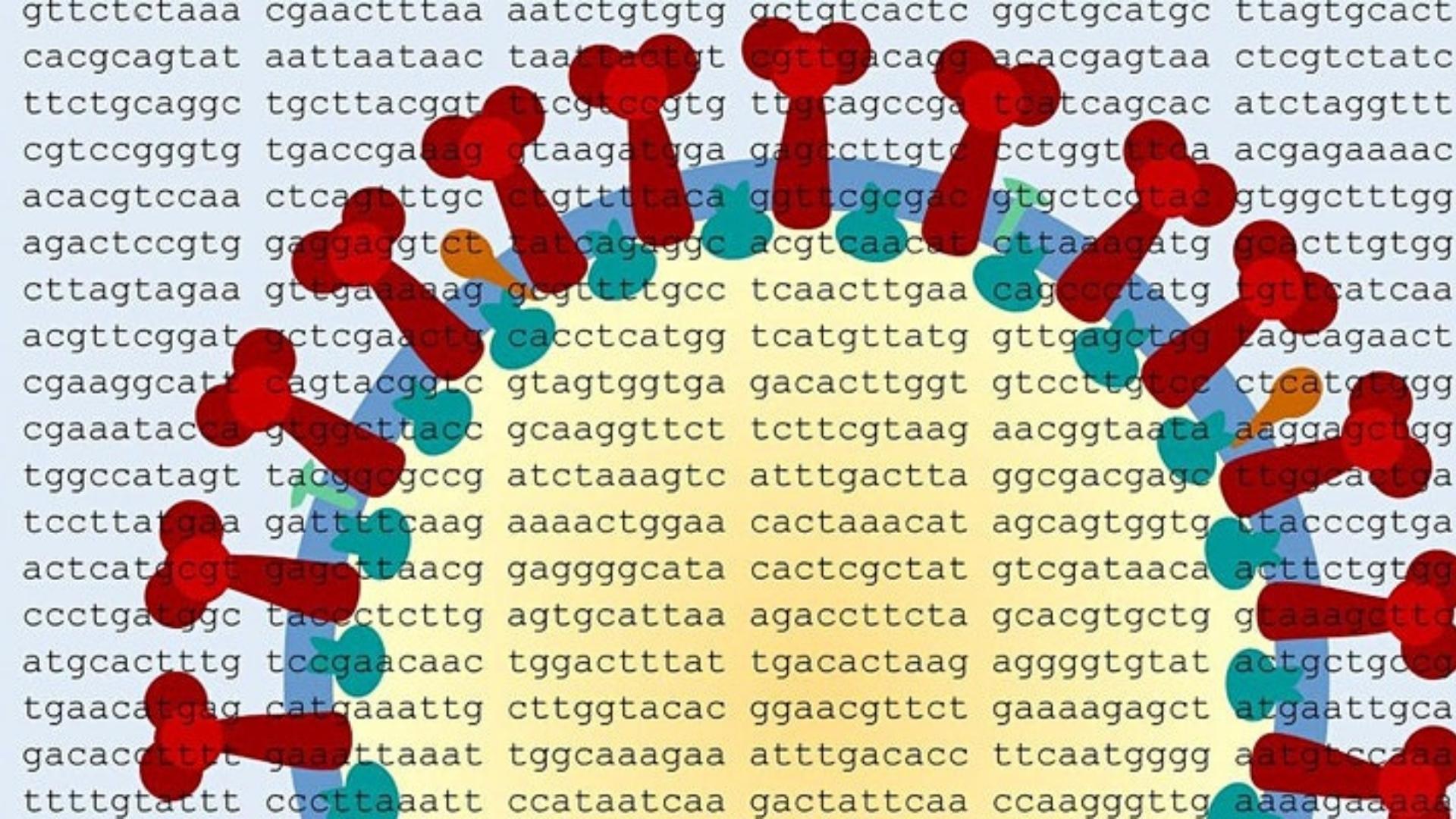 graphic of coronavirus over genetic code