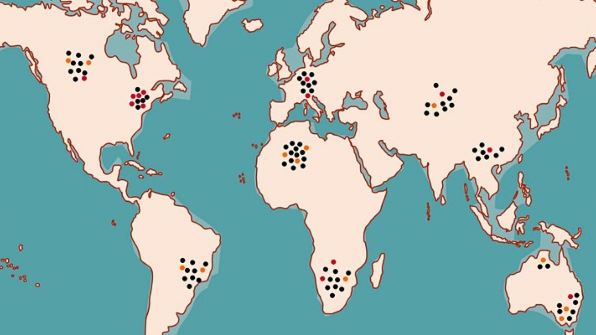 World map with dots marking populations
