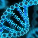 3D illustration of DNA molecules with binary code