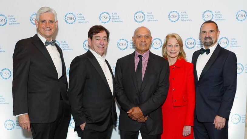 photo of Bruce Stillman, Len Schleifer, Reggie Jackson, Marilyn Simons, and George Yancopoulos at the DHMD in NYC