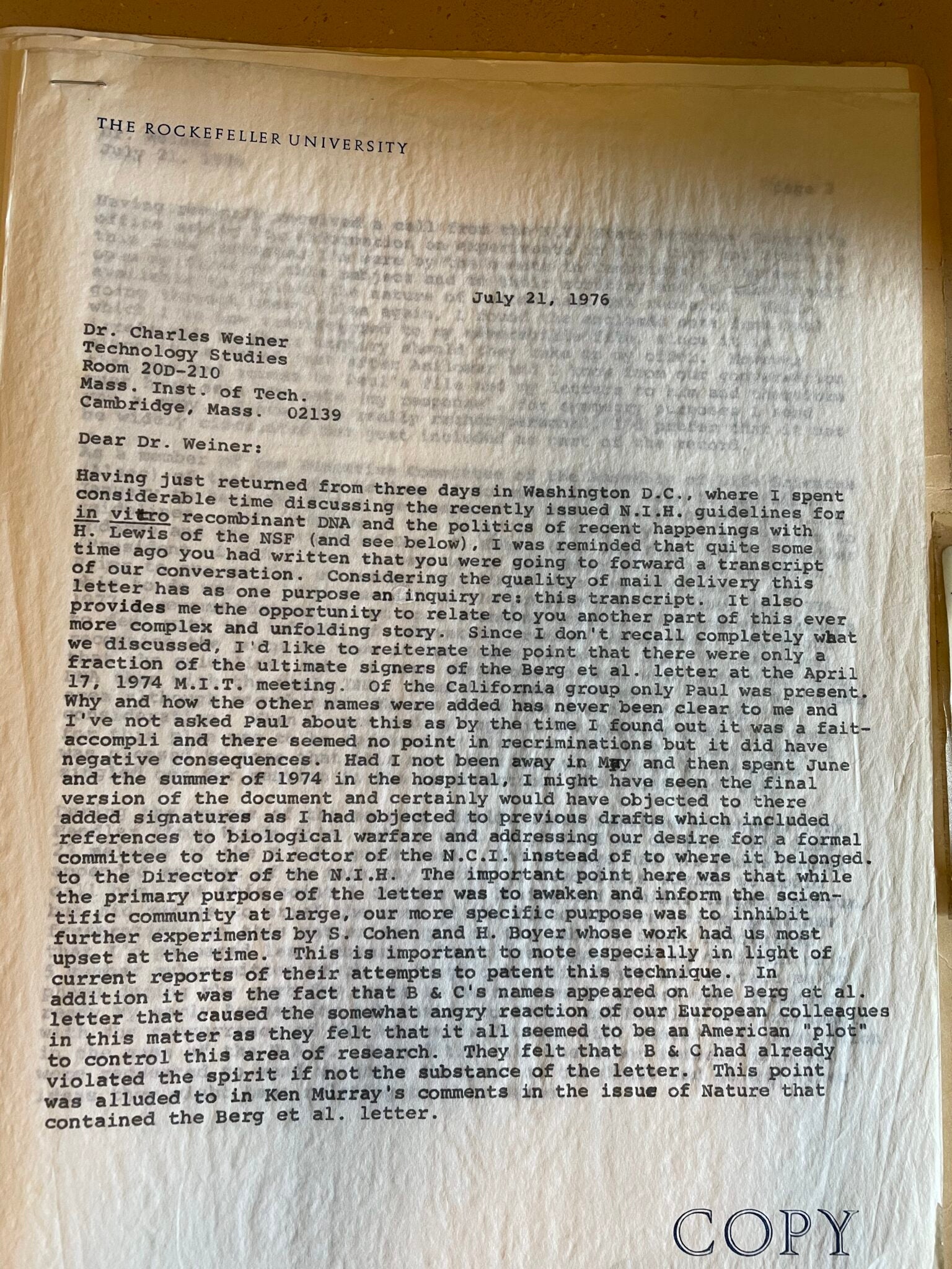 An American “plot” the 1970s moratorium on DNA research