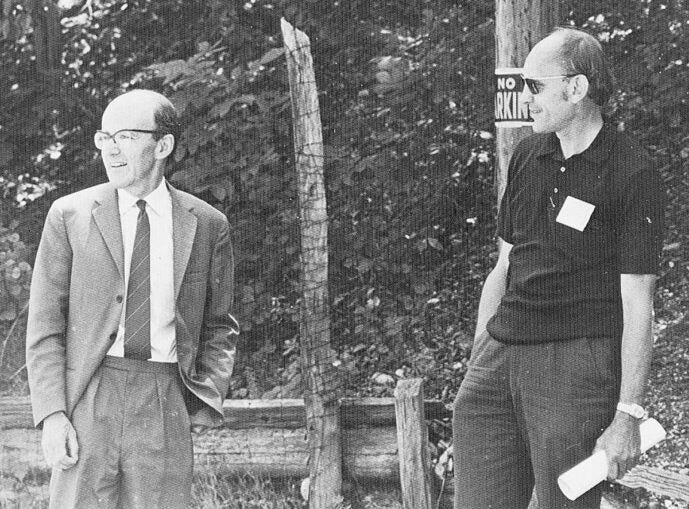 black and white photo of Max Perutz and David Davies 1971