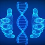 computer generated illustration of human hands holding a strand of DNA