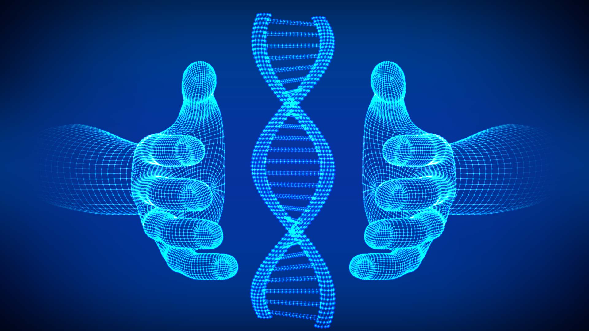 computer generated illustration of human hands holding a strand of DNA