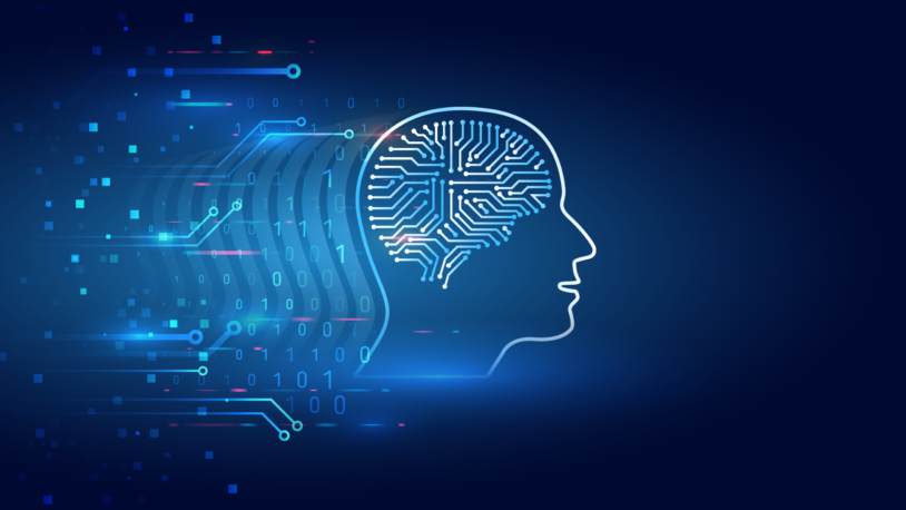 illustration of the profile of a human head with a circuit diagram as the brain