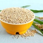 photo of a bowl of sorghum seeds with plant stalks in background