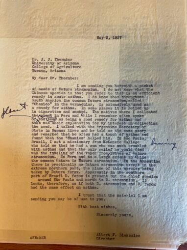 1937 letter from A. F. Blakeslee to J. J. Thornber about the use of D. stramonium for asthma