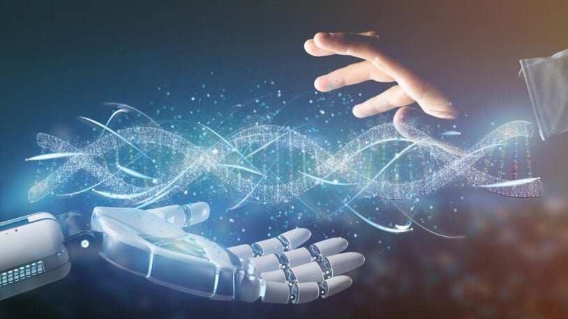 Image of a cyborg and human hand holding a DNA branch 3D rendering