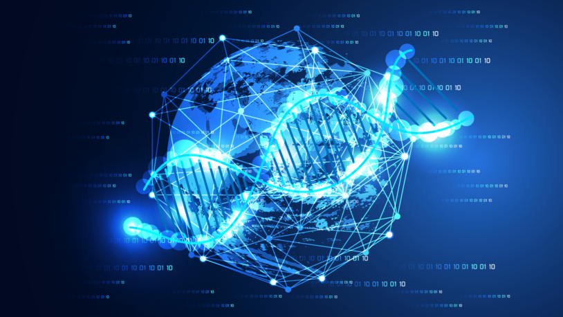 Illustration of DNA strand spanning globe