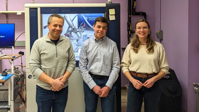 Photo of Krivitsky with Armend Axhemi and Leah Breviner in X-Ray lab