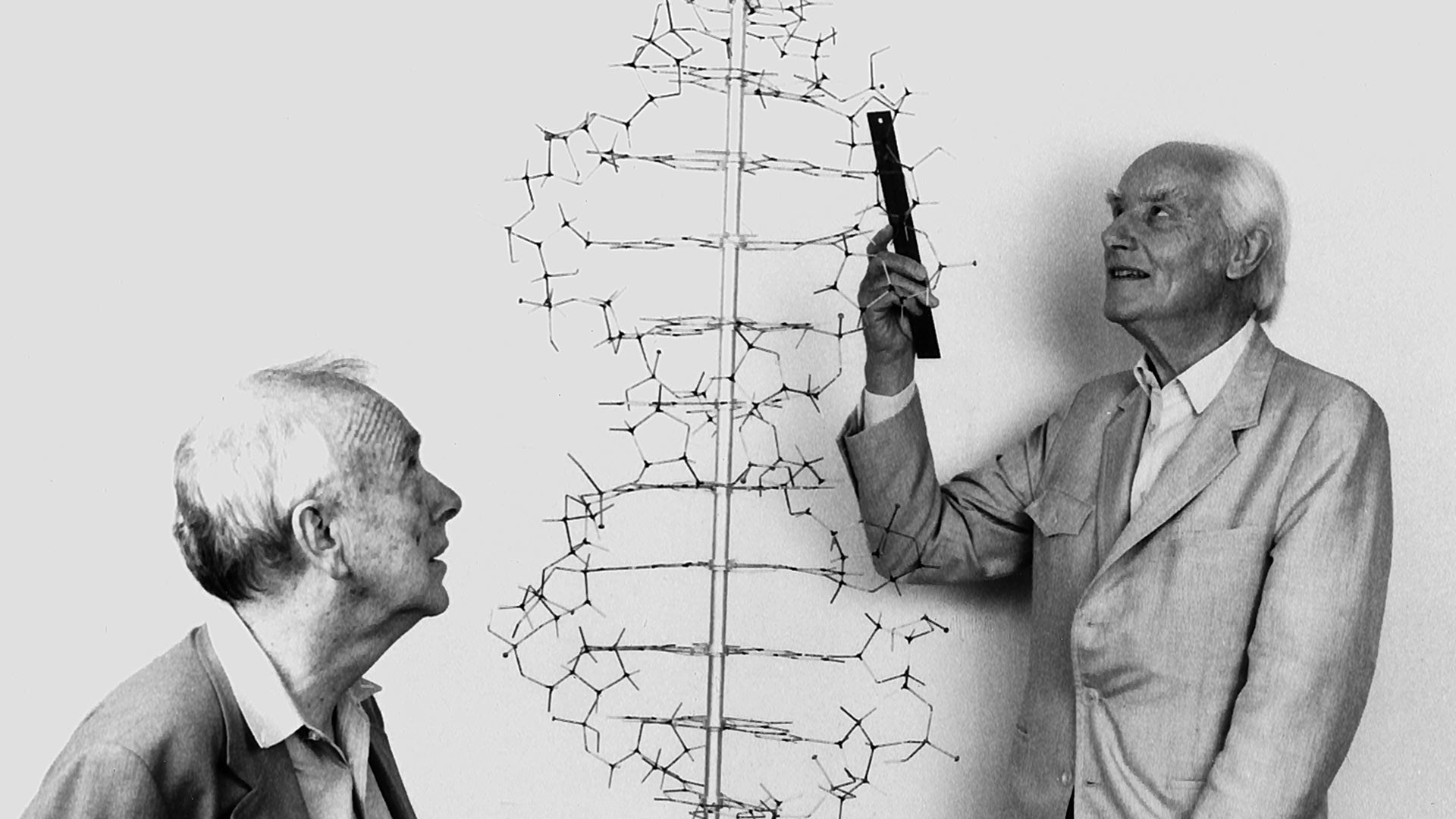 image of Francis Crick and James Watson with a DNA structure