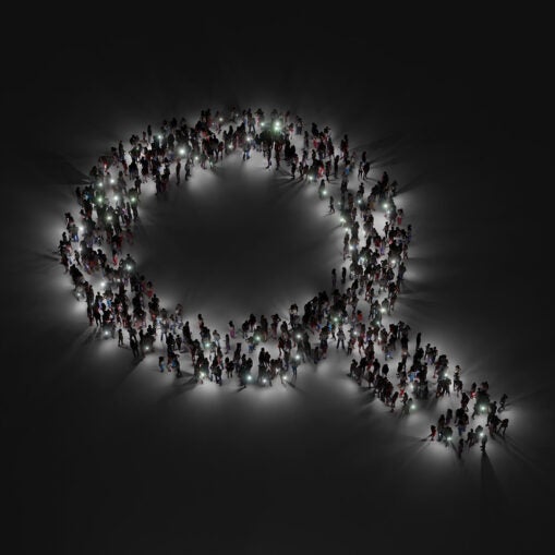 3d rendering of crowd of people with flashlight in shape of symb