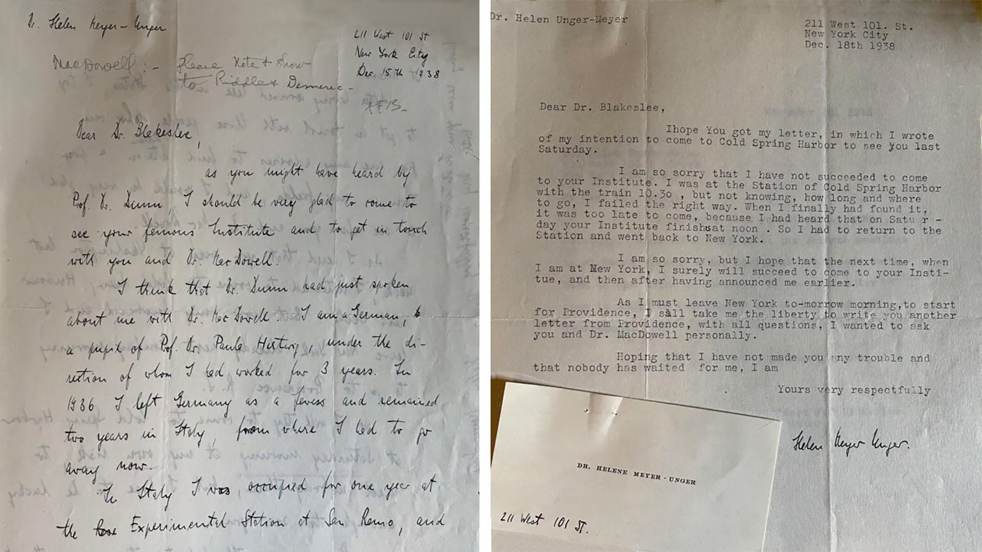 Image of letters to CSHL from a German Jewish scientist fleeing Europe