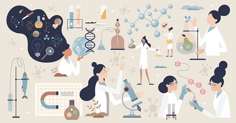 illustration of women scientists with assorted lab equipment and symbols