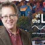 image of Cold Spring Harbor campus from across the harbor with At the Lab podcast logo and portrait of Stephen Shea