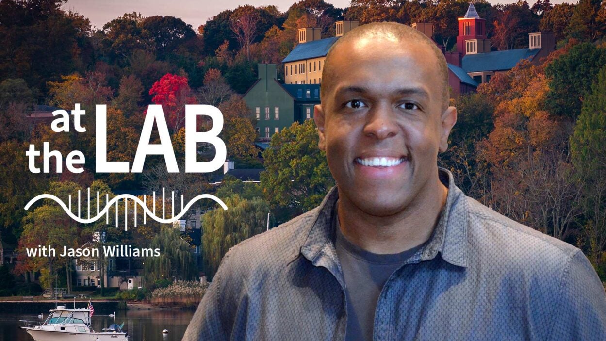 image of Cold Spring Harbor campus from across the harbor with At the Lab podcast logo and portrait of Jason Williams