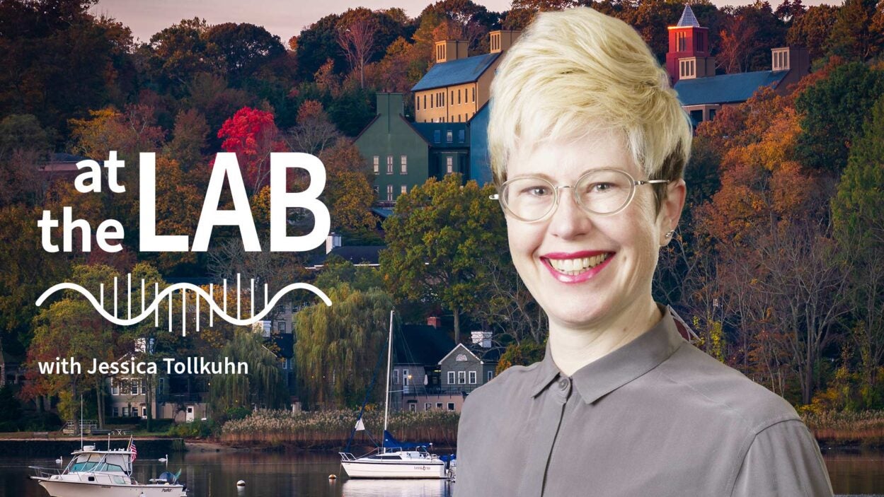 image of Cold Spring Harbor campus from across the harbor with At the Lab podcast logo and portrait of Jessica Tollkuhn