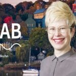 image of Cold Spring Harbor campus from across the harbor with At the Lab podcast logo and portrait of Jessica Tollkuhn