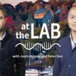 image of Cold Spring Harbor campus from across the harbor with At the Lab podcast logo and portrait of Justin Kinney and Peter Koo