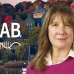 image of Cold Spring Harbor campus from across the harbor with At the Lab podcast logo and portrait of Alea Mills
