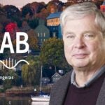 image of Cold Spring Harbor campus from across the harbor with At the Lab podcast logo and portrait of Thomas Gingeras