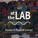 image of Cold Spring Harbor campus from across the harbor with At the Lab podcast logo