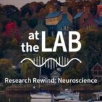 image of Cold Spring Harbor campus from across the harbor with At the Lab podcast logo