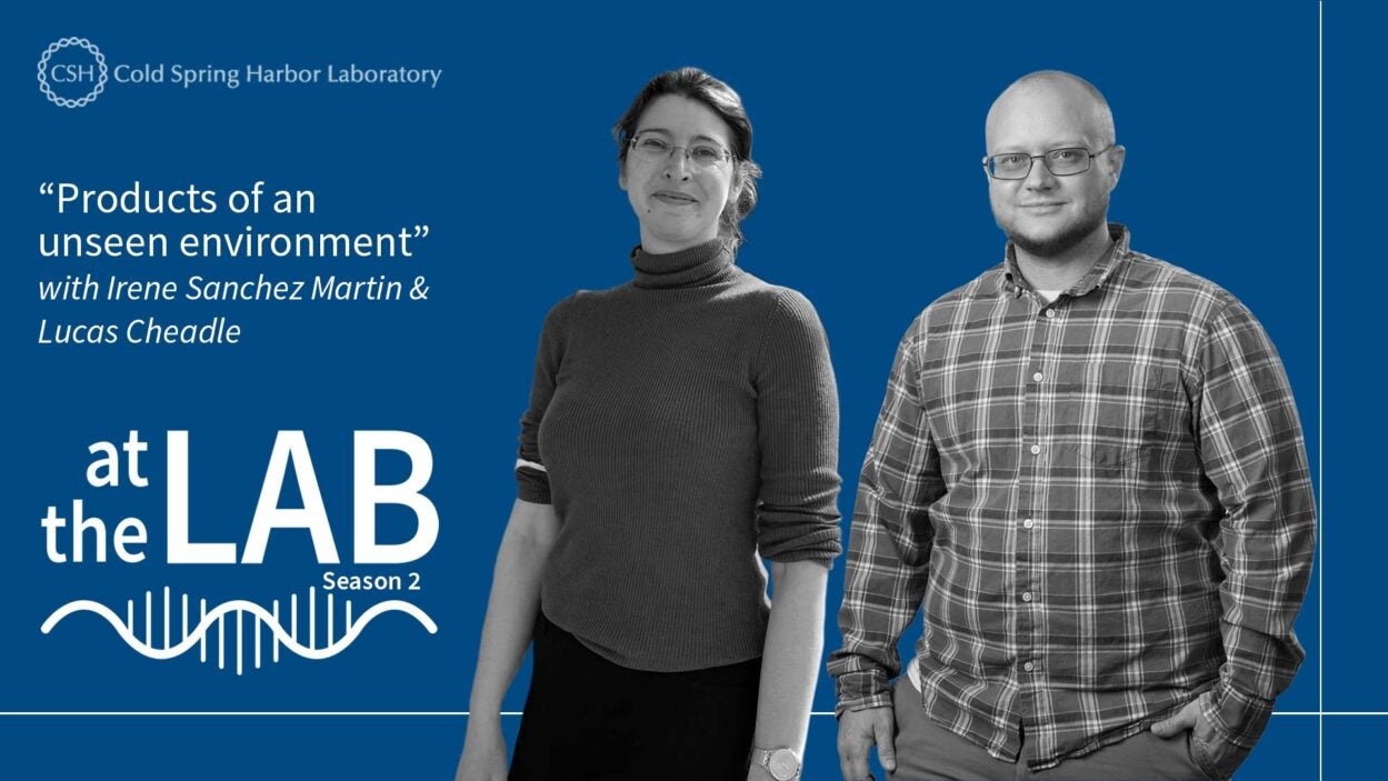 image of the At the Lab podcast logo with black and white portrait of Irene Sanchez Martin and Lucas Cheadle on a blue background