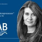 image of the At the Lab podcast logo with black and white portrait of Leemor Joshua-Tor on a blue background