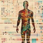 Artistic rendering of a male human body outline with DNA like strands with different colors