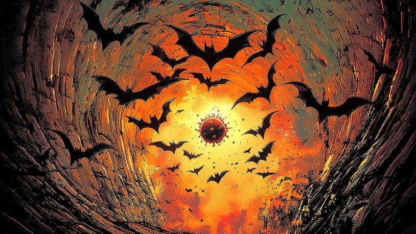 A swarm of bats flies out of a dark, tunnel-like vortex toward a fiery orange and yellow light at the center, creating a dramatic and intense scene.