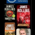 Picture of novels by James Rollins: Tides of Fire, AArkangel, Sandstorm as well as James Rollins and the CSHL Logo