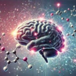 A glowing human brain surrounded by abstract molecular structures and digital network patterns.