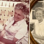 Two vintage photos: Left, Dorcas Cummings smiles while holding a laughing baby on her lap outdoors. Right, a black-and-white portrait shows Dorcas Cummings and another woman smiling closely together, one seated in front of the other.