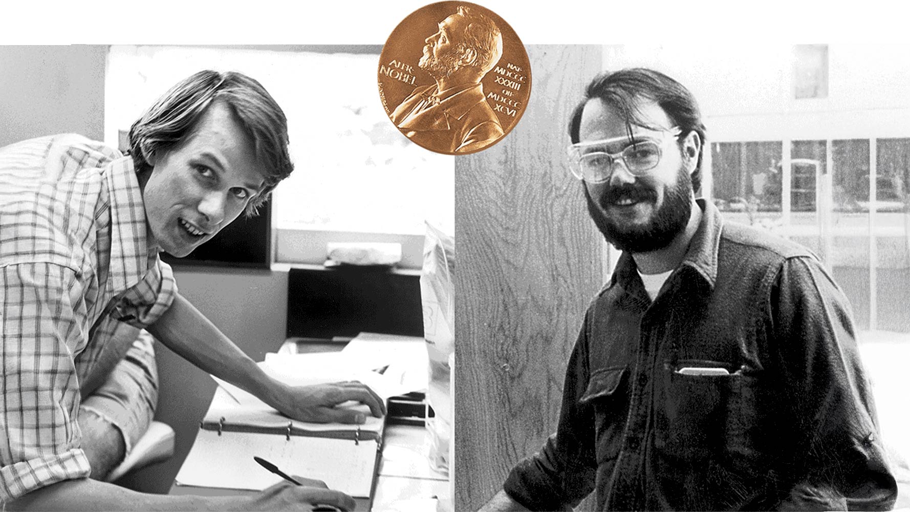 Two men working in labs, one writing in a notebook, one wearing safety goggles; Nobel Prize medal above them.