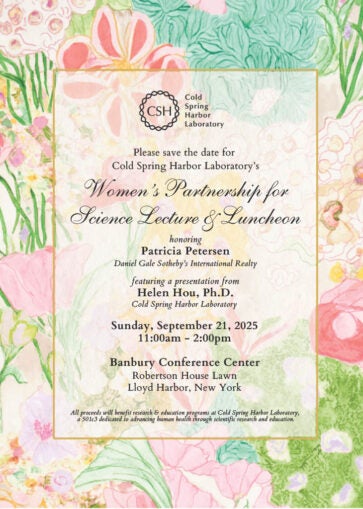 Invitation with floral border for a science lecture and luncheon on September 21, 2025, at Cold Spring Harbor Laboratory.