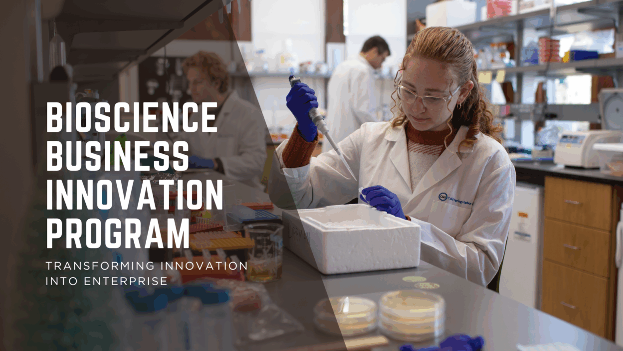 A scientist in a lab coat works with lab equipment; text reads Bioscience Business Innovation Program.